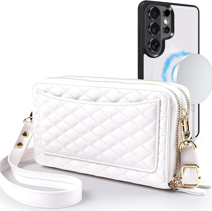 Harryshell Compatible with Samsung Galaxy S26 Ultra Case Wallet Multi Zipper Detachable Removable Cover Purse with Card Slots Holder Mirror Crossbody Strap (Compatible with Magsafe - White)