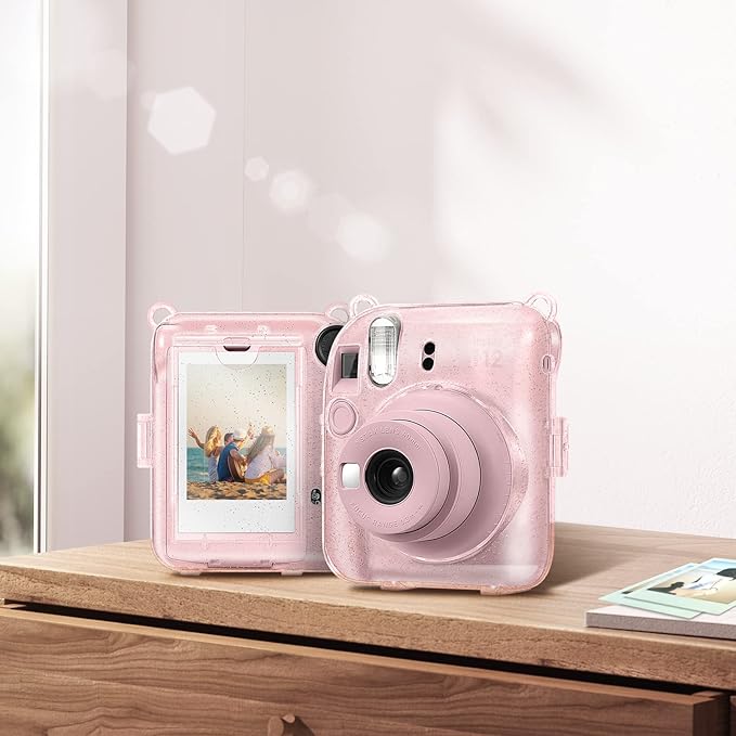 Fintie Protective Clear Case for Fujifilm Instax Mini 12 Instant Camera - Crystal Hard Shell Cover with Upgraded Film Pocket for Storing Photos & Removable Shoulder Strap