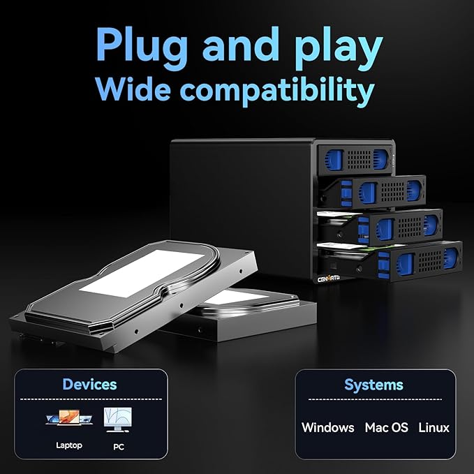 CENMATE 4 Bay Hard Drive Enclosure with Cooling Fan for 2.5/3.5" SATA HDD/SSD with USB A/C 3.0 Cable, Tool-Free HDD Enclosure, 3.5 Hard Drive Enclosure Support 80TB, Hot Swappable(NO RAID/NAS)