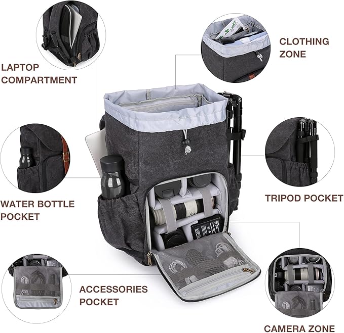 BAGSMART Camera Backpack, DSLR SLR Waterproof Camera Bag, Anti-Theft Photography Backpack with 15 Inch Laptop Compartment, Tripod Holder & Rain Cover, Black