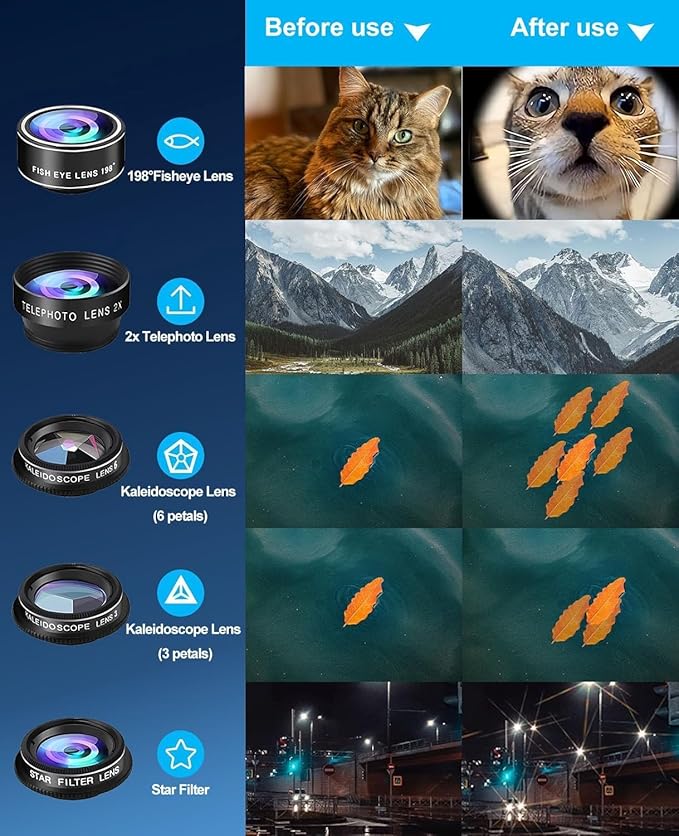 10 in 1 Phone Camera Lens Kit - Wide/Macro/Telephoto/Fisheye + CPL/Star Filters, for iPhone & Android, HD Pouch Universal Phone Lens Clip and Black Portable Bag for Most of Smartphone