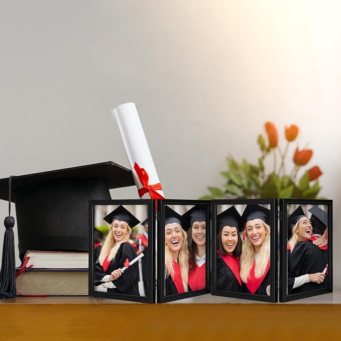 Sintuff 8 x 10 Picture Frames Hinged Fold Photos Frame Collage Vertical with Acrylic Opening Wood Desk Photo Rustic Multiple Desk Family Picture Collage Wedding Supplies(4 Fold Style,8x10inch,Black)