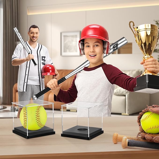 Hooqict 4 Pack Arcylic Softball Display Case Clear Softball Holder UV Protected Stand Championship Display Case Memorabilia Square Box for Golf Tennis Game Ball Baseball