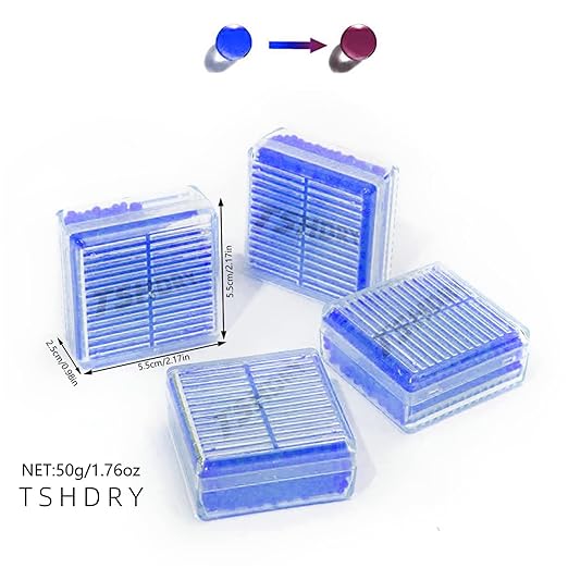 Blue Indicating Silica Gel Beads 4 Packs 50 Gram Desiccant Functional Hard Plastic Canister Dehumidifier Moisture Absorb Box Dryer for Camera Microscopes Telescopes