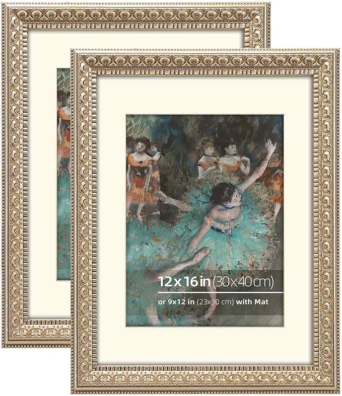 12x16 Antique Silver Wood Ornate Vintage Classic Picture Frame, With Mat 9x12 inches, Plexi Glass Cover, Horiztonal or Vertical Wall Mount Display, 2 Pack