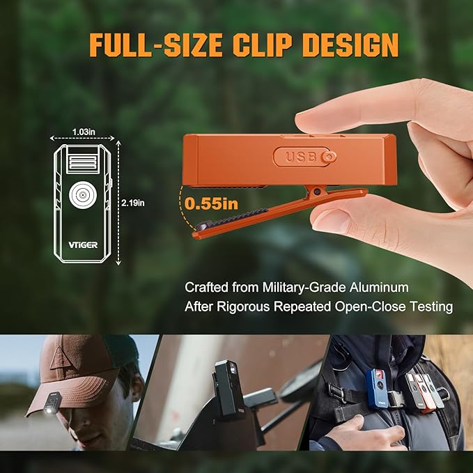 VTIGER C1 Rechargeable EDC Flashlight Clip-on Light, 1300 Lumens Powerful Portable Mini Swivel Clip Light,Multi-Mode,IPX6 Waterproof, Magnetic Small Pocket Lights for Cycling,Working,Emergency,Signal