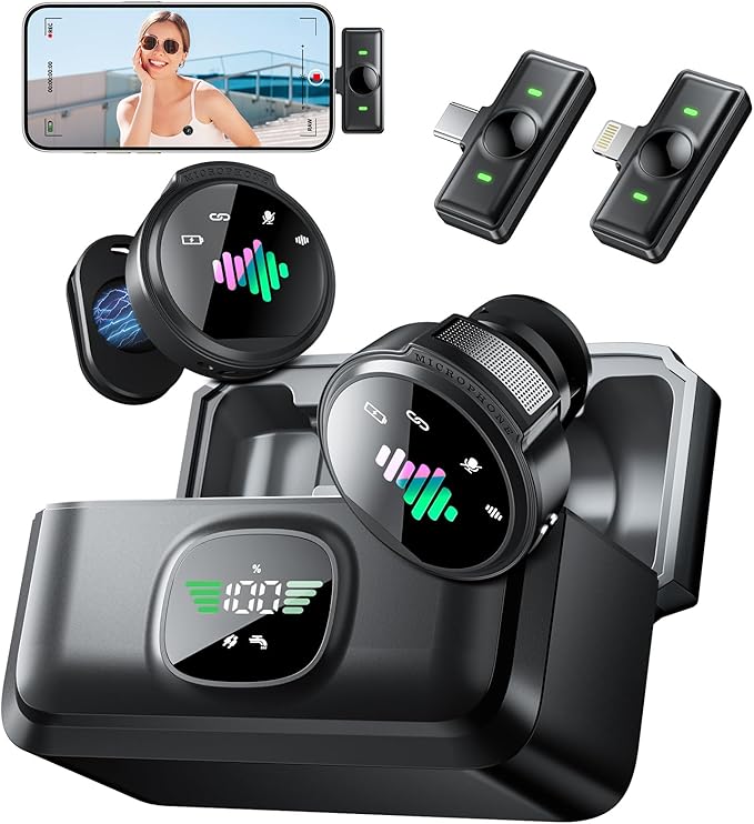 Wireless Lavalier Microphone for iPhone: Mini Microphones for Android Equipment - Noise Reduction Lapel Mic for Professional Recording - 80h Battery Life - 48KHz Studio Sound