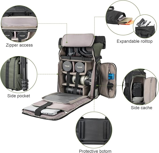 Besnfoto Camera Backpack for Photographer DSLR SLR Waterproof Camera Bag with Laptop Compartment Tripod Holder Roll Top Photographer Case for Hiking Traveling