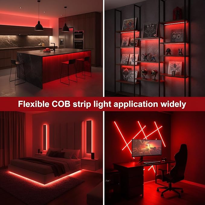 Red COB LED Strip Lights Battery Powered, 6.56FT 640LED Light Strip Wireless Dimmable Cuttable Flexible LED Lights with Remote for Boat, Cars Motorcycles, Computer, Party, TV Wall, DIY Decoration
