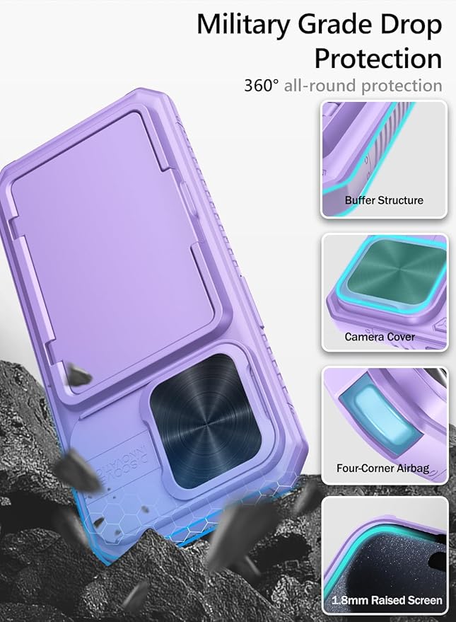 Vihibii for iPhone 15 Pro Case with Card Holder (4 Cards) & Slide Camera Cover & Kickstand, Shockproof Rugged Durable Hard Back & Soft Edge Wallet Phone Case for iPhone 15 Pro 5G 6.1" 2023, Purple