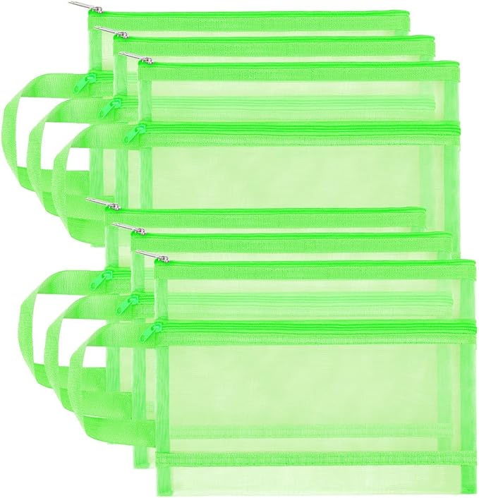 Fassave 6 Pack Mesh Zipper Pouch Bags, Double Layer Nylon Pouch with Handle for Office Travel Organization (Green, A4)