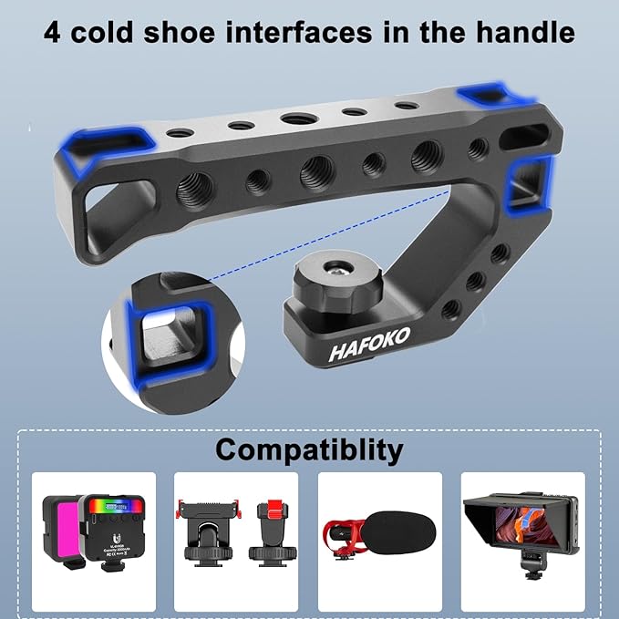 R005 Camera Top Handle Camera Top Cheese Handle Grip Universal Video Stabilizing Rig W 3 Cold Shoe Adapters to Mount Microphone, LED Light, Monitor, Easy Low Angle Shoots Metal