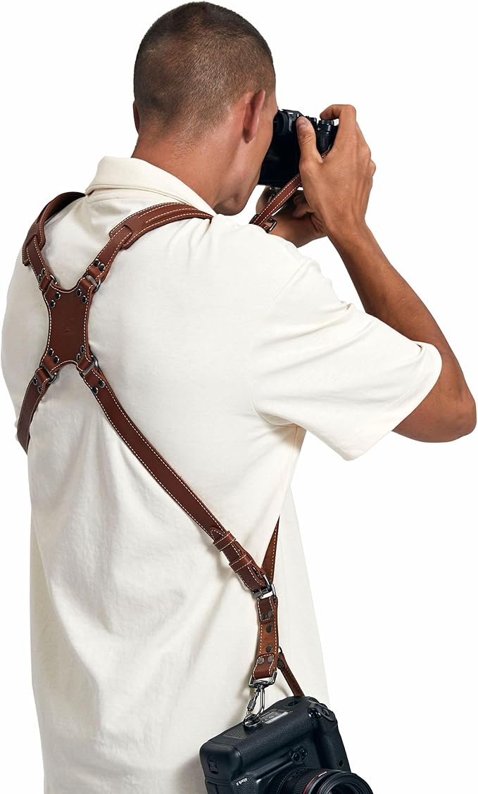 Padwa Lifestyle Tan Dual Camera Harness Strap for Two-Cameras - Dual Shoulder Full Grain Leather Harness,Multi Double Camera Gear for DSLR/SLR Strap,Double Camera Harness for Photographers