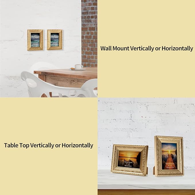 Edenseelake 4x6 Picture Frames Set of 2, Vintage Gold Photo Frame 4 by 6 for Tabletop or Wall Display