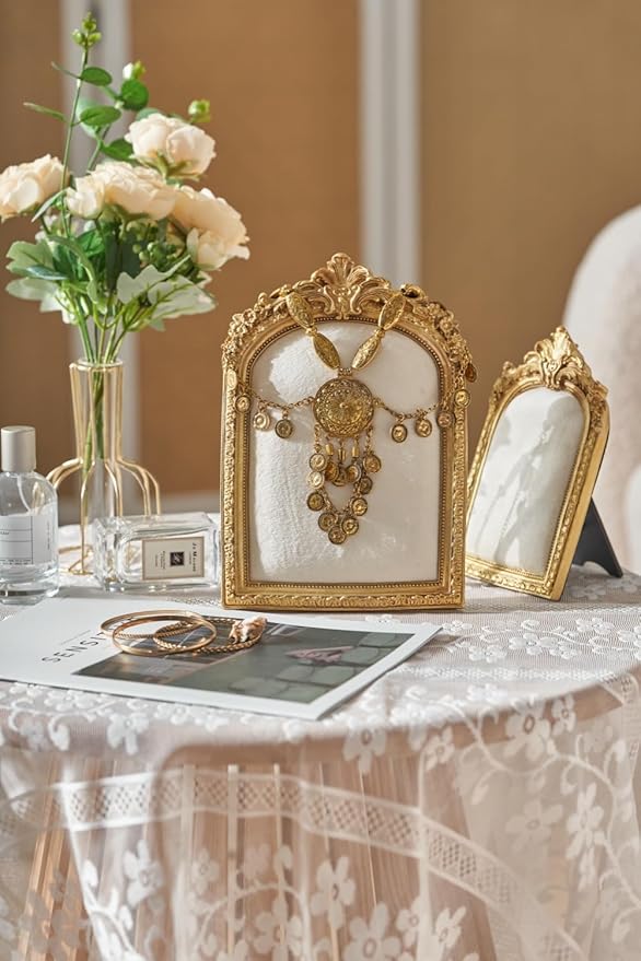Large Two-Piece Gold Resin Jewelry Display Stand, Vintage Photo Frame Earring Holder, Velvet Necklace Storage Box, Elegant Décor for Jewelry and Collectibles