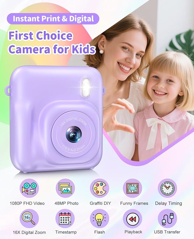 Digital Camera for Kids Instant Print, 48MP Dual-Lens Kids Camera for Girls Boys Christmas Birthday Gifts, 1080P Video Selfie Instant Cameras, Portable Toddler for 4-12 Years with 32GB Card-Purple