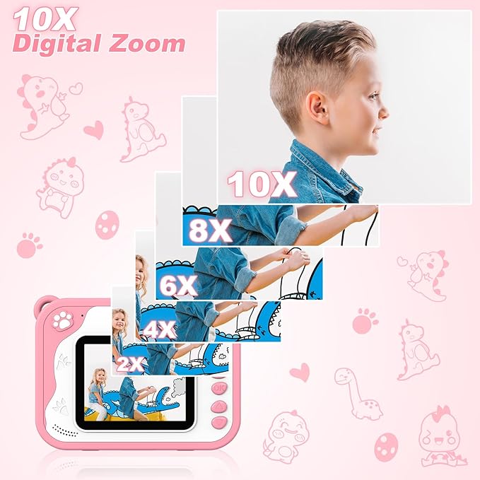 Kids Camera Instant Print, Dinosaur Kids Digital Toddler Camera,1080P with 32G SD Card, Kids Toy Birthday Gifts Portable Toy for 3-12 Year Old Girls Boys (Pink)