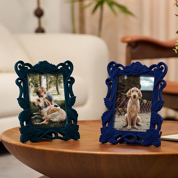 4x6 Blue Picture Frame with Stand for Tabletop Wall Display, Modern Ornate Frame for Art Prints Family Portrait Landscape Paintings Posters, Cute Room Decor for Living Room Bedroom (Dark Blue)
