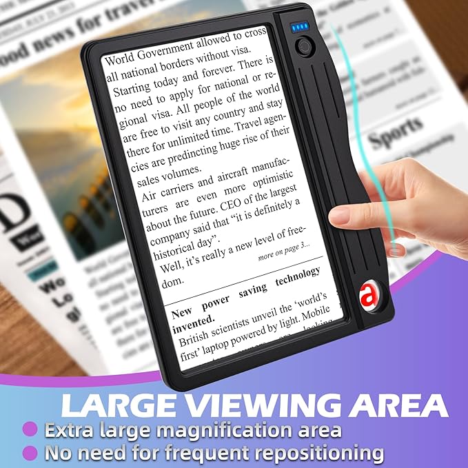 6X 30X Magnifying Glass with Light, Rechargeable Handheld Magnifying Glass for Reading, LED Lighted Lightweight Rectangular Full Page Magnifier for Reading Small Prints Seniors Low Vision (Black)