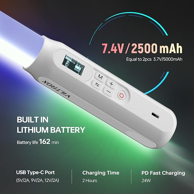 VILTROX P12 2 Pack RGB Tube Light, Full Color RGBWY Handheld LED Stick Light Wand with DMX App Control, 11 Pixel Effects 26 Scenes, Built-in Magnet, 2500-8500K, 2500mAh Battery, PD Fast Charging