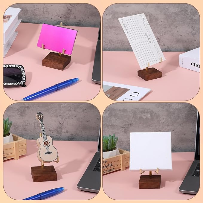 Small Gold Metal Arms Display Stand Easel with Wooden Base - Adjustable Small Display Easel Stand for Displaying Art Fossil Coral Picture, Photo Frame, 2"x2"x3.2"