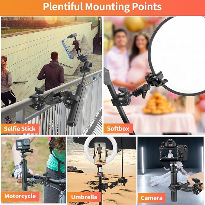 YAYOYA Double Super Clamp Camera Mount, Umbrella Holder Bracket with 360° Ballhead Magic Arm for Pole, Tripod Clamp Mount for Cross Bar, Light Stand, Strollers, Photo Boom Stand, Reflector - CB08