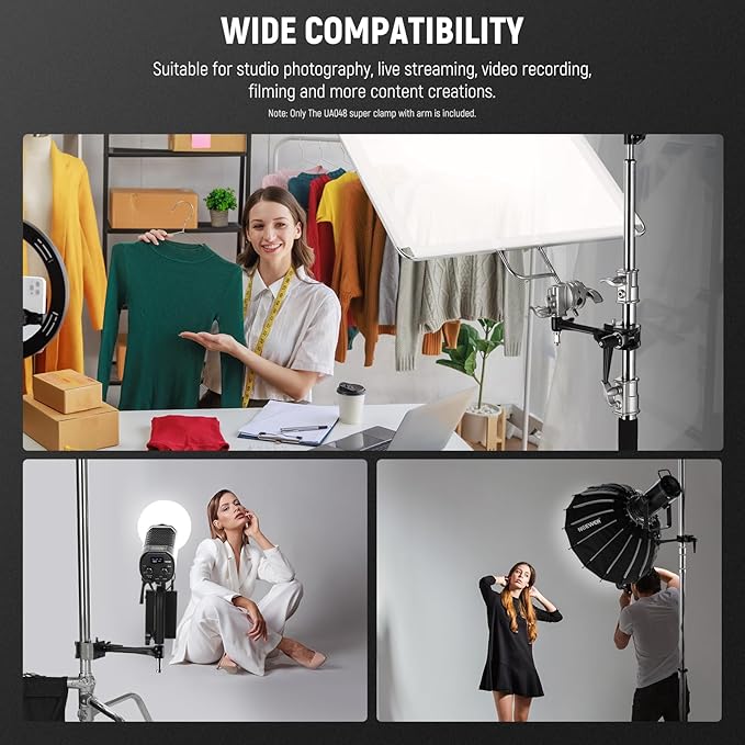 NEEWER Super Clamp with 6" Extension Arm, 5/8" Stud, 2.4" Jaw Grip Heavy Duty Crab Pole Clamp for Round Pipe Flat Surface,for Photography Studio Camera Lighting Mounting, Max Load 33lb/15kg