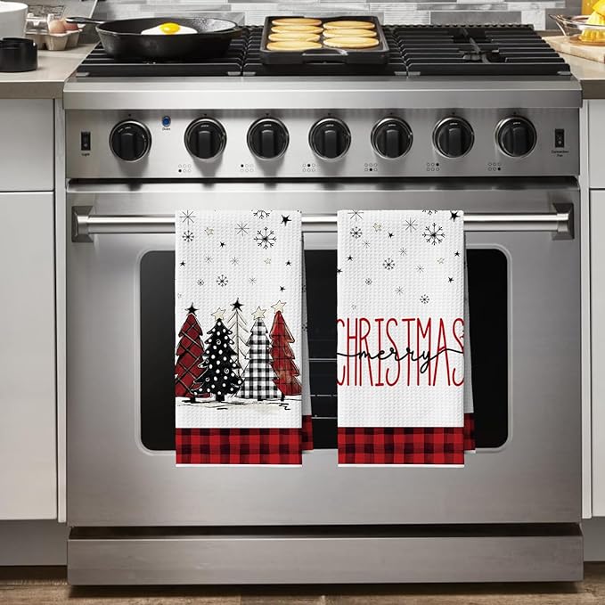 Artoid Mode Red Xmas Tree Snowman Merry Christmas Kitchen Towels, 18x26 Inch Quick Dry Microfiber Cloth Dish Towels for Kitchen Drying Set of 4