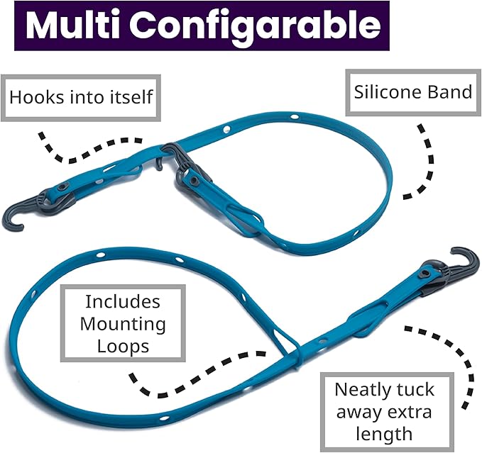 Mella Link Latch Multi-Configuration Adjustable Bungee Cords with Hooks - Flat Silicone Bungee Straps with Hooks - Expandable 8"-36" Bungee Tie Down Fastening System (3-Pack)