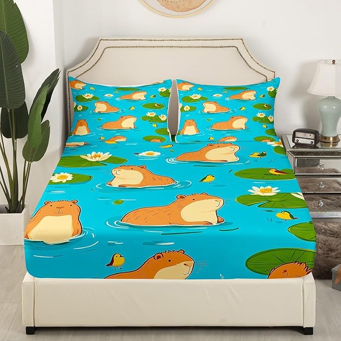 Erosebridal Capybara King Bed Sheets Set Capybara Lovers Sheet Set for Kids Boys Girl,Funny Rodent Animal Sheets Cute Cartoon Capybaras Fitted Sheet Botanical Flowers Decor Gifts for Capybara Lovers