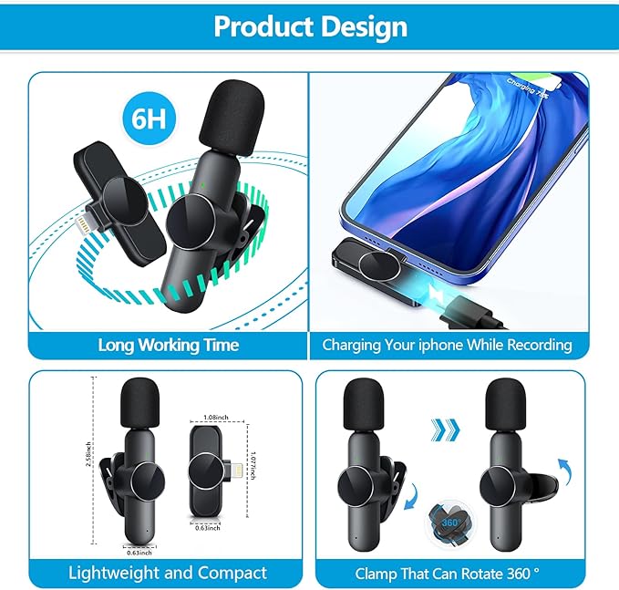 RICCHI 2 Pack Wireless Microphone Mini Mic for iPhone 7-14 iPad, Tiny Lavalier Microphone Clip on Lapel Lav Mic for Video Recording, Podcast, Interview, Streaming, Vlog, YouTube, TikTok