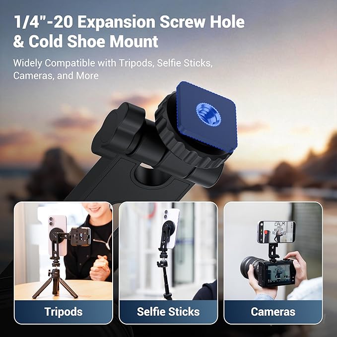 Magnetic Camera Cold Shoe Phone Tripod Mount Holder with Rotatable Cold Shoe & 1/4"-20 Hole,Adjustable Cell Phone Tripod Adapter Attachment for Magsafe iPhone 17 16 15 14 13 12 Pro Max Live Streaming