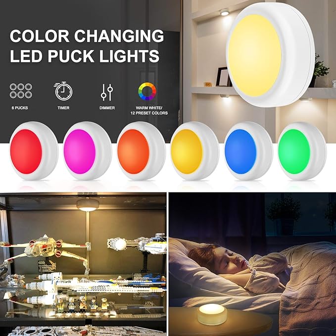 BLS LED Puck Lights with Remote Control, RGB 13 Color Changing Under Cabinet Lighting Wireless, AA Battery Operated Night Light, Push Stick on Lights for Closet, Kitchen, Wall, Dimmer & Timer, 2 Pack