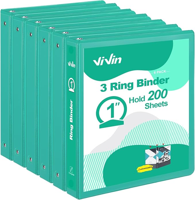 ViVin 1 Inch Round Ring View Binder for Durability, Standard 3 Ring Binder for 200 Sheets of US Letter Size Paper, PVC-Free, 6-Pack (Lake Green)
