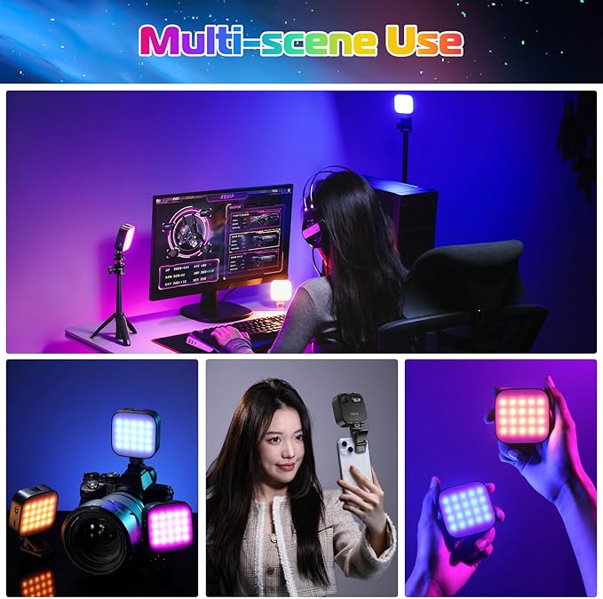 ULANZI U60 RGB Video Lights Black LED Camera Light 360° Full Color Portable Photography Lighting w Quick Release Cold Shoe Adapter and Clip, 2500mAh Rechargeable CRI 95+ 2500-9000K Dimmable Panel Lamp