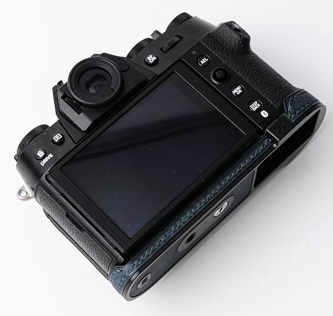 handmade Genuine Leather Camera Half Case for Fujifilm X-T50 - Top Layer Cowhide Body + Metal Base Plate - Hand Shank Free Design (Dark Blue)