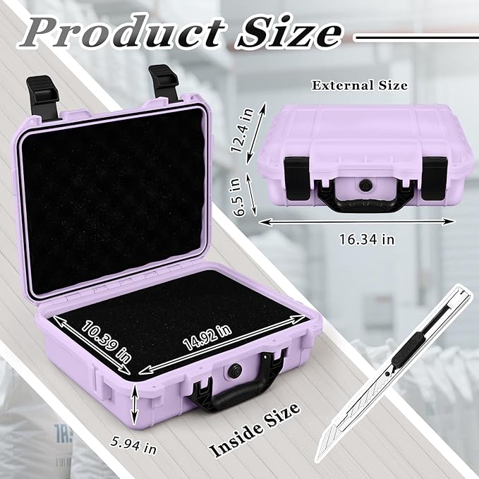 Relaxweex 1 Pcs 16.3 x 12.4 x 6.5 Inch Waterproof Hard Case with DIY Customizable Foam Insert Portable Protective Case with Knife for Camera Drones Equipments Tools Test Instruments (Purple)
