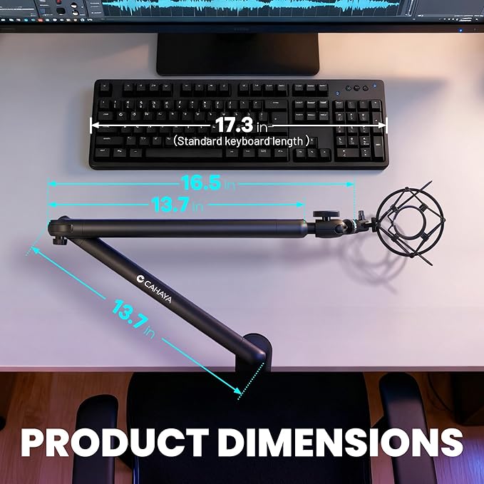 CAHAYA Mic Stand Boom Arm - Low Profile Adjustable Microphone Arm Stand with 3.5" Extension Pole Desk Clamp Screw Adapter for Streaming Gaming Compatible with Blue Yeti Shure SM58 SM48 Fifine K669B