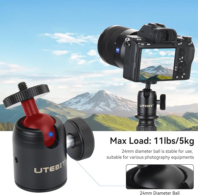 UTEBIT Mini Ball Head with 1/4" hot Shoe, 360° Rotatable Ball Heads Camera Mount Adapter (24mm Ball Head)