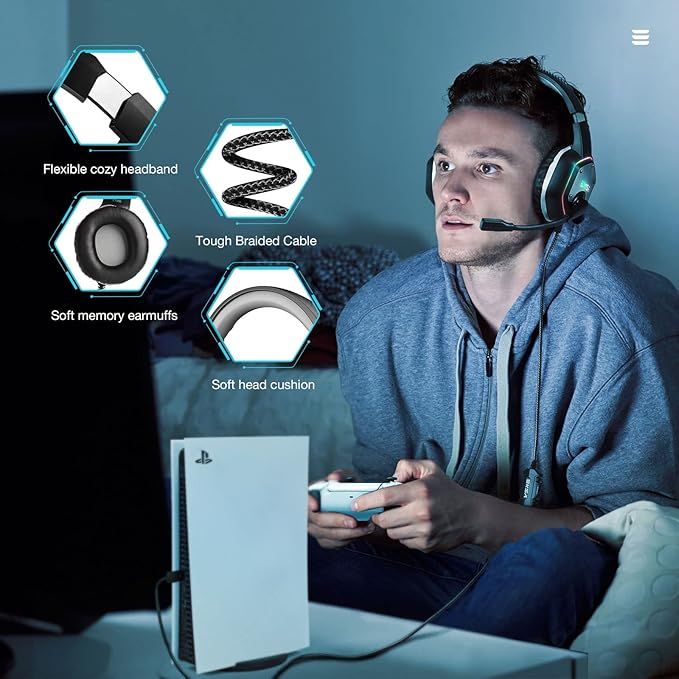 EKSA E1000 USB Gaming Headset for PC, Computer Headphones with Microphone/Mic Noise Cancelling, 7.1 Surround Sound, RGB Light - Wired Headphones for PS4, PS5 Console, Laptop, Call Center