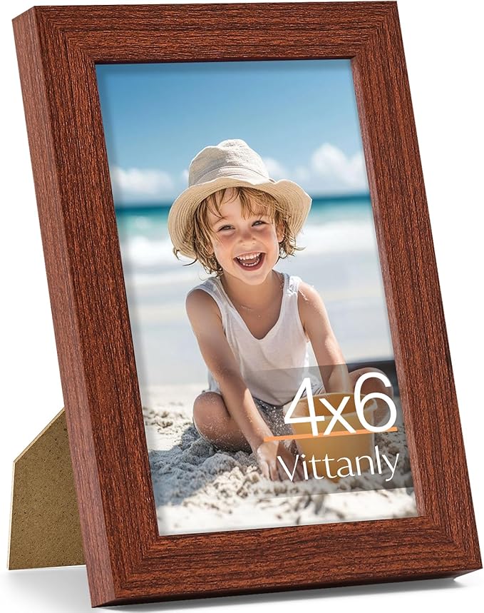 Vittanly 4x6 Picture Frame, Made of Solid Wood and Shatterproof Plexiglass, Wooden Photo Frame for Wall Mounting or Tabletop Display, Picture Frame for Home Decor with Stand, Brown, 1 Pack