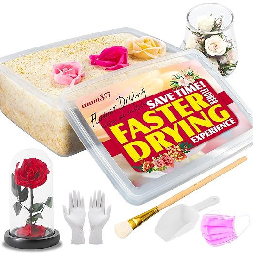 Silica Gel Flower Drying Crystals Desiccant 5LBS, 6-in-1 Fast Drying Kit with Sealed Box, Gloves, Brush, Shovel, Reusable Flower Drying Silica Sand, DIY Wedding Bouquet Flower Preserving Kit