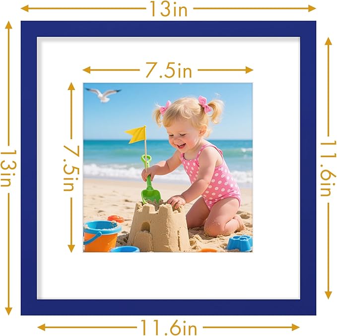 Vittanly 12x12 Picture Frame, Made of Solid Wood and Shatterproof Plexiglass, Display Pictures 8x8 with Mat or 12x12 without Mat, Wooden Photo Frame for Wall Mounting, Royal Blue, 1 Pack