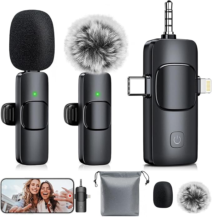 3-in-1 Mini Microphone for iPhone: Wireless Lavalier Microphones for iOS/Android/Camera - Noise Reduction Lapel Mic, Clip on Mic for Video Recording Vlog, YouTube, Interview, Gifts