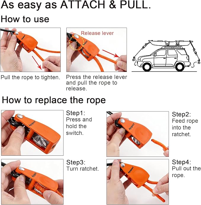 Ayaport Kayak Rope Tie Down 1/4" 14ft Ratchet Straps Bow and Stern Ratcheting Tie Downs Rope Hanger Kayak and Canoe Accessories Orange