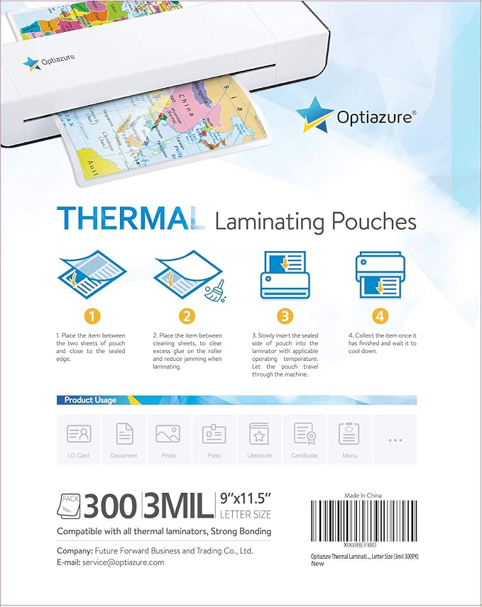 Optiazure Thermal Laminating Pouches 9"x11.5" Inches, 3mil 300Pack, Clear, Letter Size