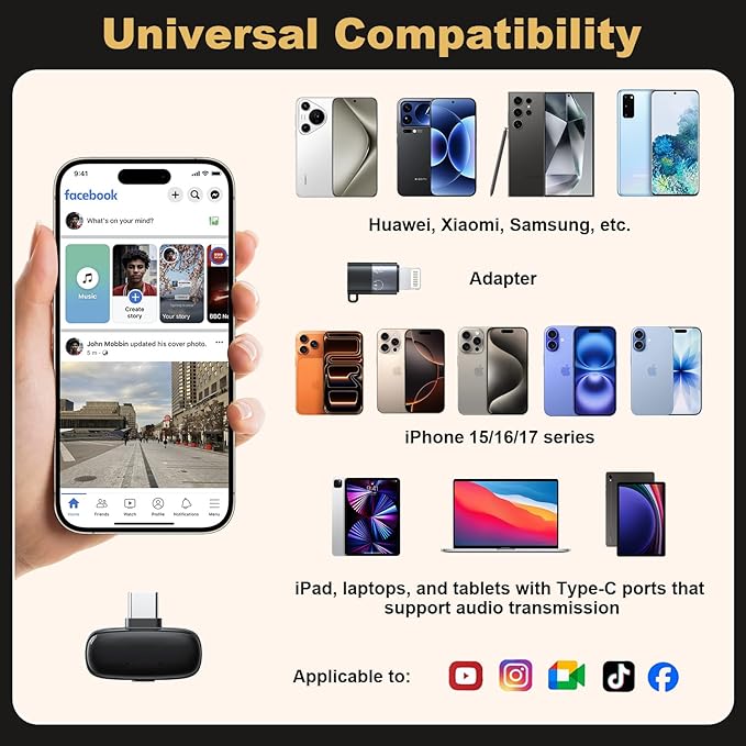 Wireless Lavalier Mini Microphone for iPhone ipad Android, 30H Long Battery Life, 100FT Wireless Range, Noise Cancellation, Plug & Play for Vlogging, Video Recording, Podcast, YouTube, TikTok