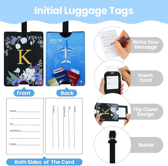 2 Pack PU Leahter Luggage Tags with PU Leather Straps, Fun Travel case Labels, Privacy-Protected ID Card Holders, Allowing for Quick Identification of Luggage and Easy locating of Your Bags (K)