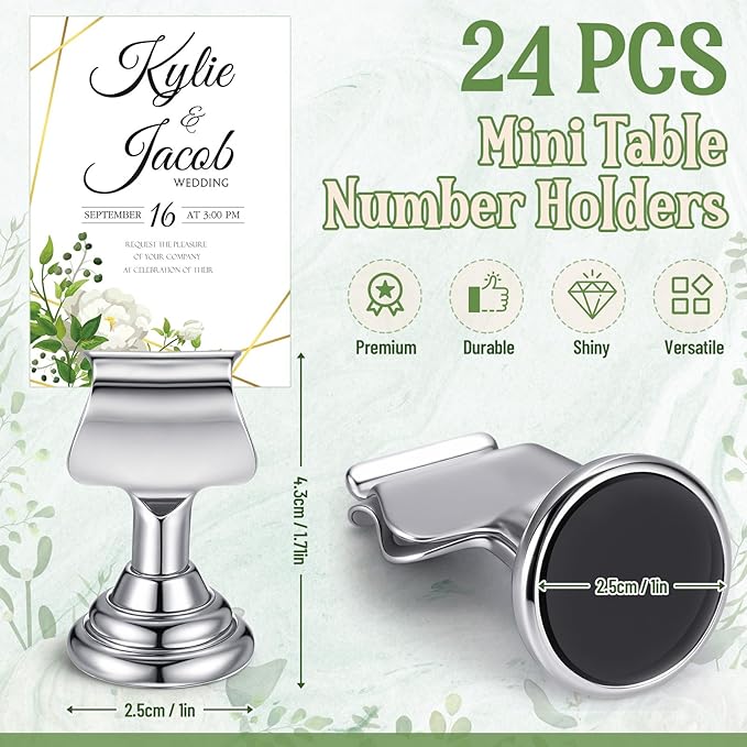 Kathfly 24 Pcs Metal Table Number Holders 1.7 Inch Silver Mini Place Card Holders Bulk Harp-clip Table Sign Stands Card Holder Display Picture Memo Notes Menu for Weddings Restaurants Birthday Decor