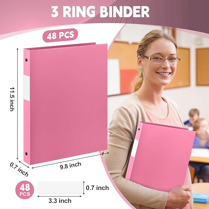Henoyso 48 Pcs 3 Ring Binder 1/2'' Round Fits Letter Size 8.5'' x 11'' Paper Plastic Flexible Binder Holds 140 Sheets with 1 Pockets Versatile Organizer for Home Office School (Pink)
